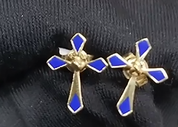 18K Real Yellow Gold Blue Cross Pair of Earrings